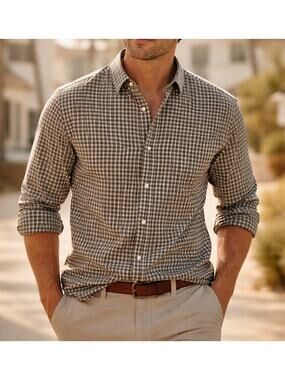 Faherty Movement Shirt Mens XXL Tan Charcoal Gingham Stretch Button Up